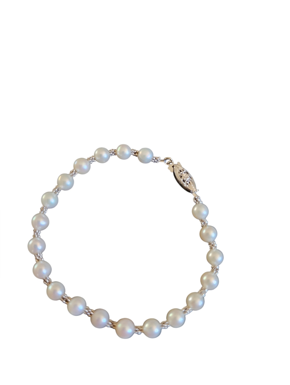 14K White Gold Freshwater Cultured Pearl 8" Bracelet NICE Y2K!